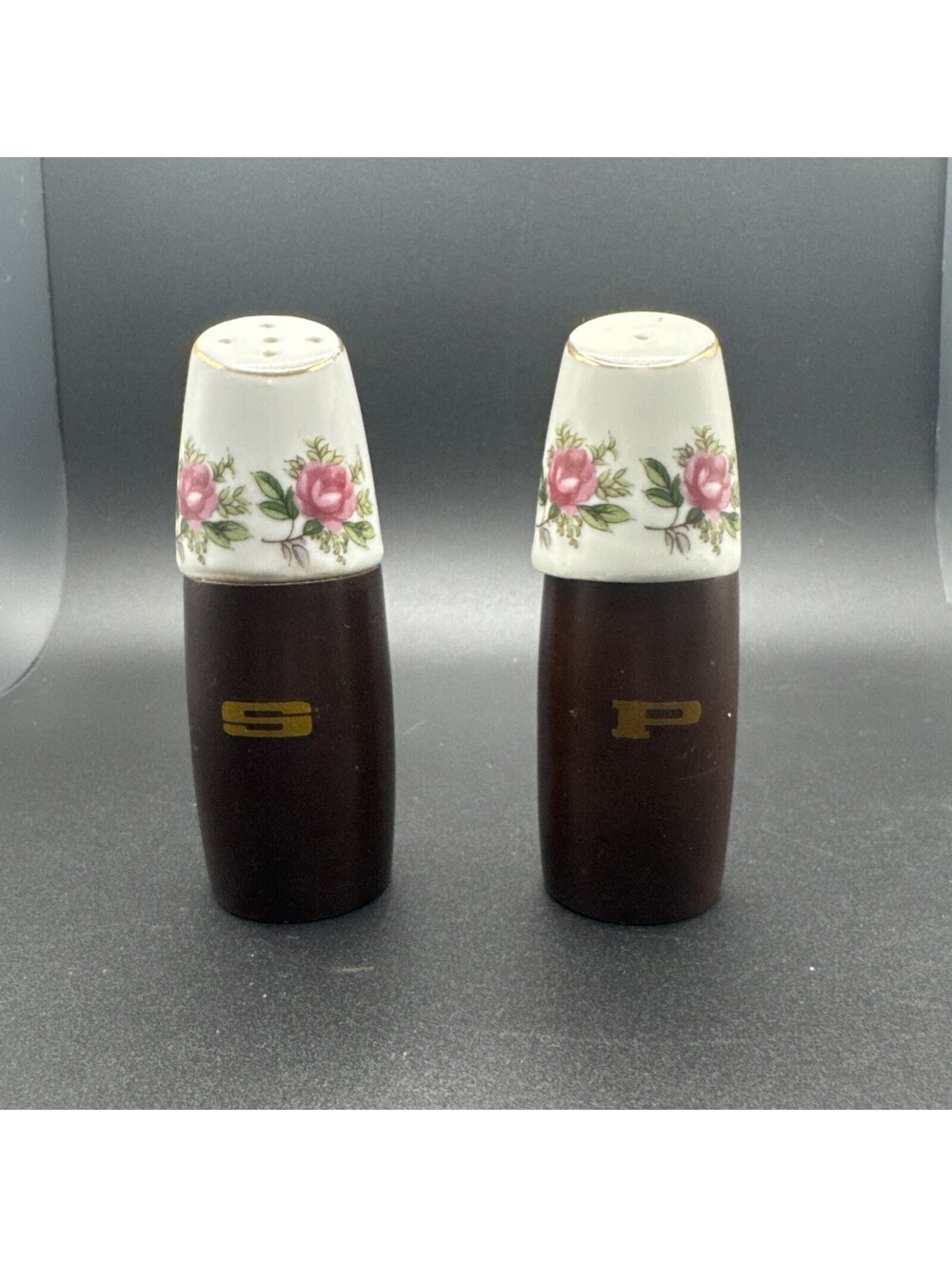 Vtg Nevco Teak Wood Floral Porcelain Salt & Pepper Shakers Mid Century Boho 4"
